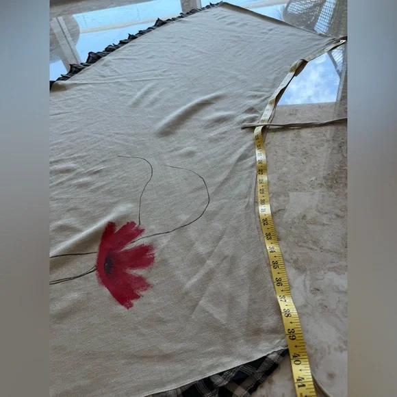 Elegant wraparound Linen Beige Skirt w Black Trim, Handpainted Flower,Size S-M - Picture 11 of 13